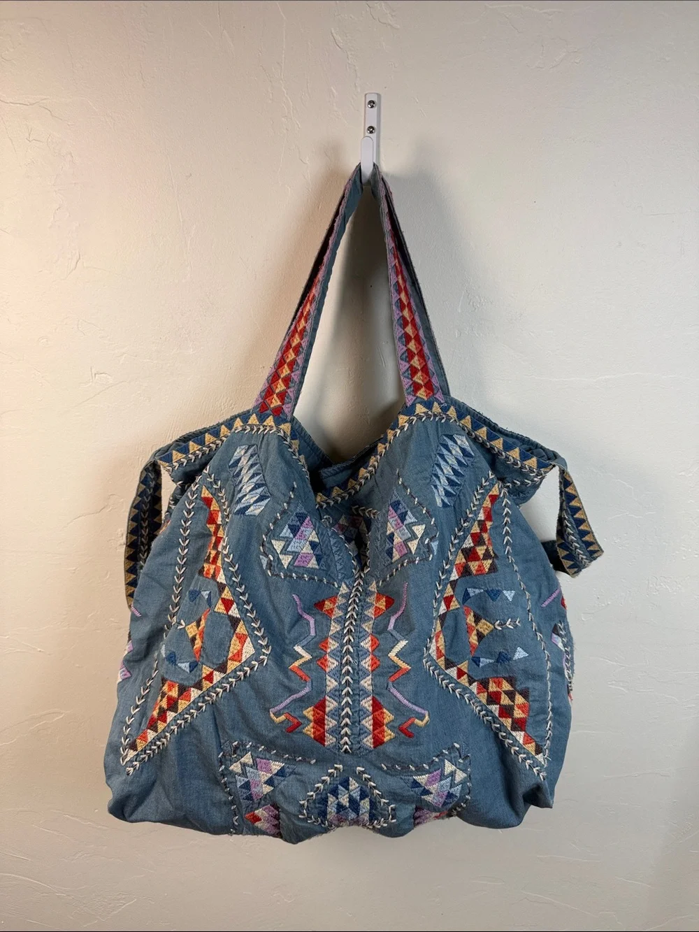 Johnny Was 3J workshop Blue Embroidered Denim Tote